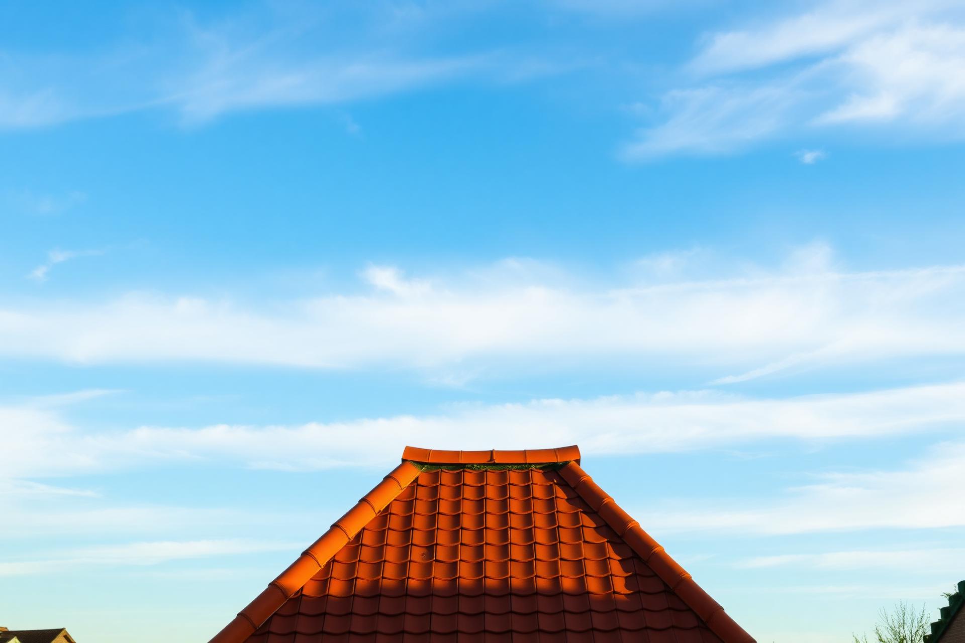 Pitched tiled roof against a blue sky